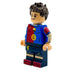 LEGO figure of a soccer player in a blue and red jersey with a white background