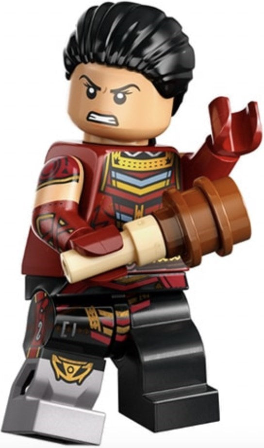 LEGO figure in a red and black outfit with a weapon on a white background