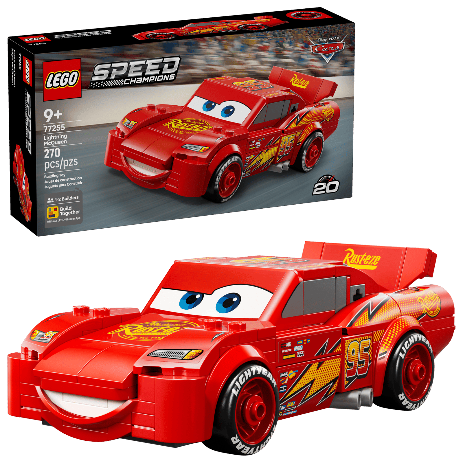 LEGO Speed Champions Lightning McQueen building set shown with its retail box and the assembled red toy car on a clean white background.