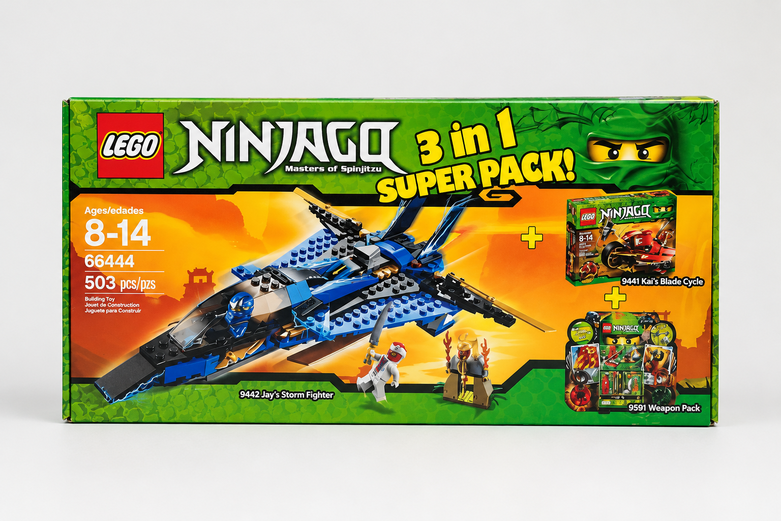 LEGO Ninjago Jay’s Storm Fighter, Kai’s Blade Cycle, Weapon Pack 3 In 1 Pack (66444)