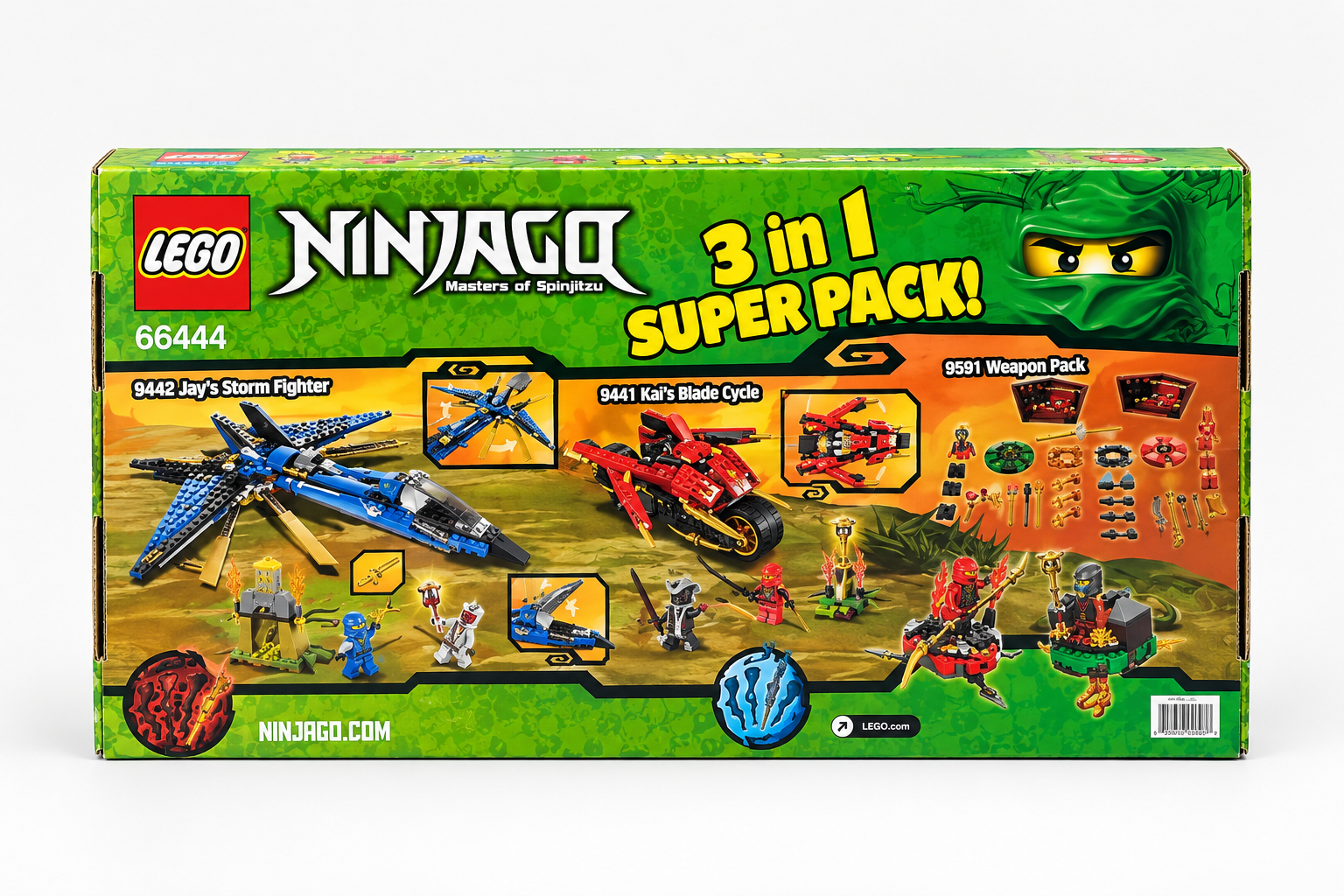 LEGO Ninjago Jay’s Storm Fighter, Kai’s Blade Cycle, Weapon Pack 3 In 1 Pack (66444)