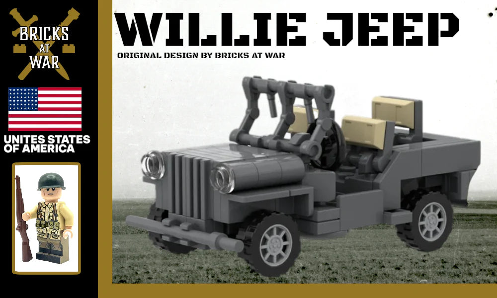 WWII Willys Jeep with American Rifleman Soldier Minifigure - Bricks At War