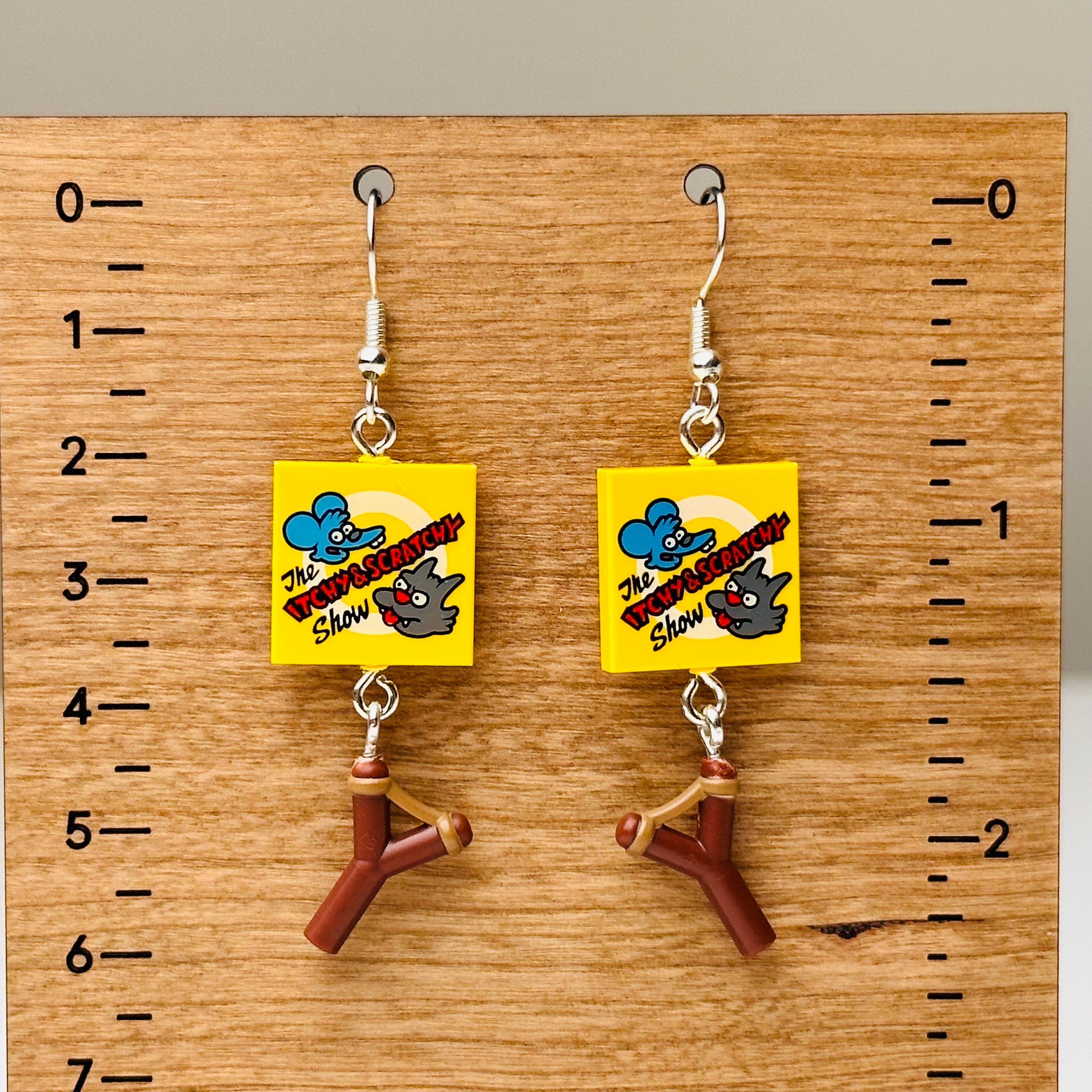 Bart Simpson Inspired Earrings, Itchy & Scratchy Cartoon Slingshot 90's Retro Jewelry, Handmade with Lego®