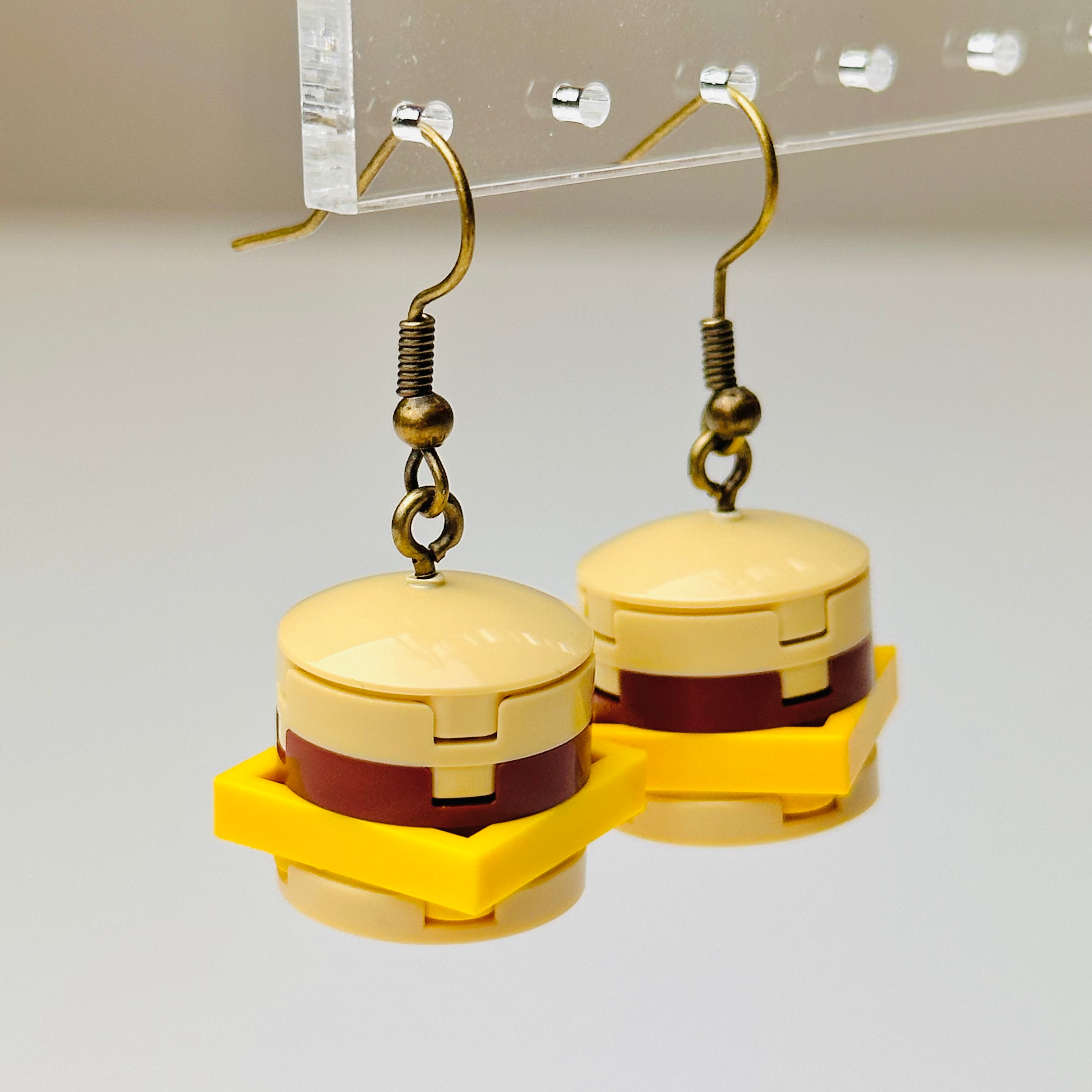 Cheesy Cheeseburger Brick Built Funny Food Earrings, Handmade with Lego®