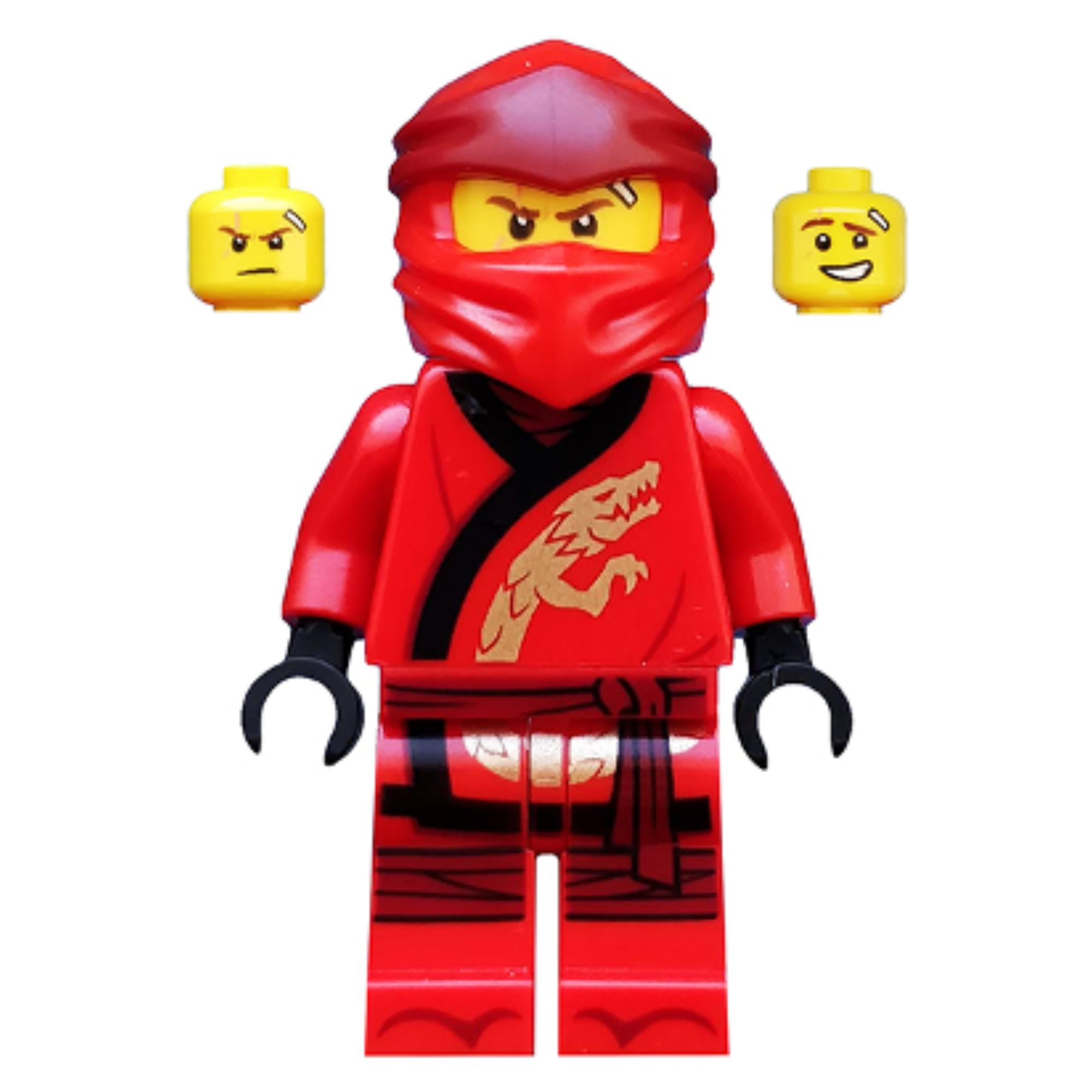 Red LEGO minifigure with a hood and dragon emblem on a white background