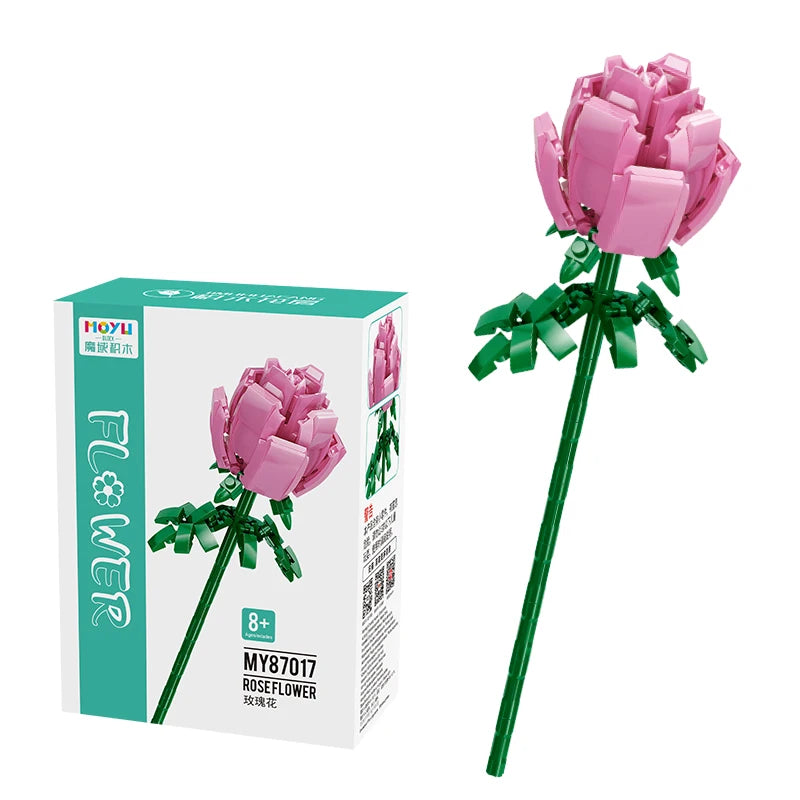 Pink Rose Flower Stem Building Toy - LEGO Compatible