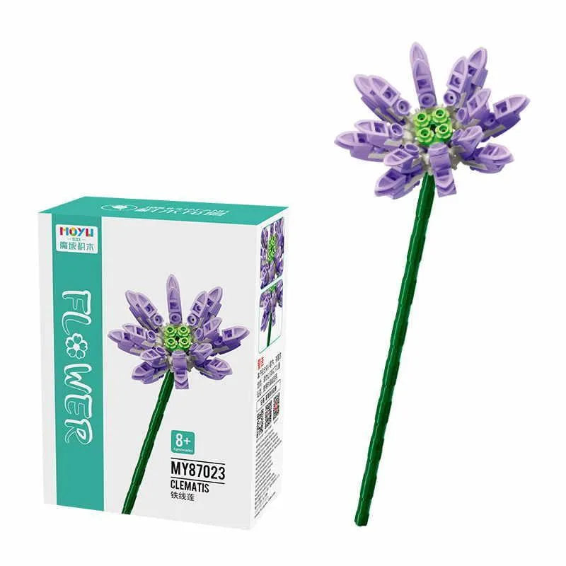 Purple Clematis Flower Stem Building Brick Toy - LEGO Compatible