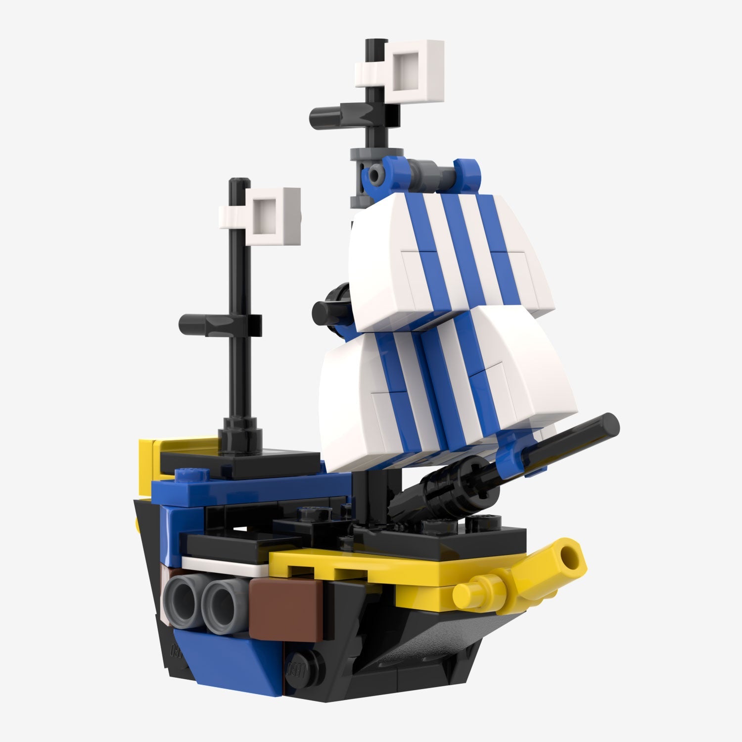Toy pirate ship model made of interlocking bricks on a white background