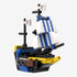 Toy pirate ship model made of interlocking bricks on a white background