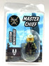 A custom Brick Wars Master Chief minifigure in its original blister card packaging. The figure features olive green armor, a gold visor, and a dark red cape, set against a blue and black themed backing card with 'MASTER CHIEF' and 'BRICKS OF WAR' text.