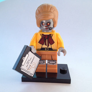 lego figure robot and yellow outfit on a white background