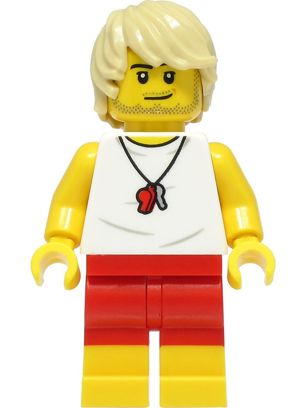 Beach Lifeguard (Male, White Shirt, Red Shorts, Tan Hair) - LEGO City Minifigure (2022)