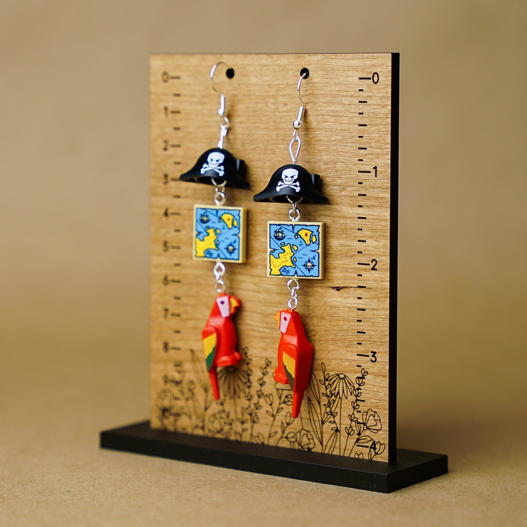 Caribbean Pirate Earrings, Miniature Treasure Map Parrot Jewelry, Handmade with Lego®