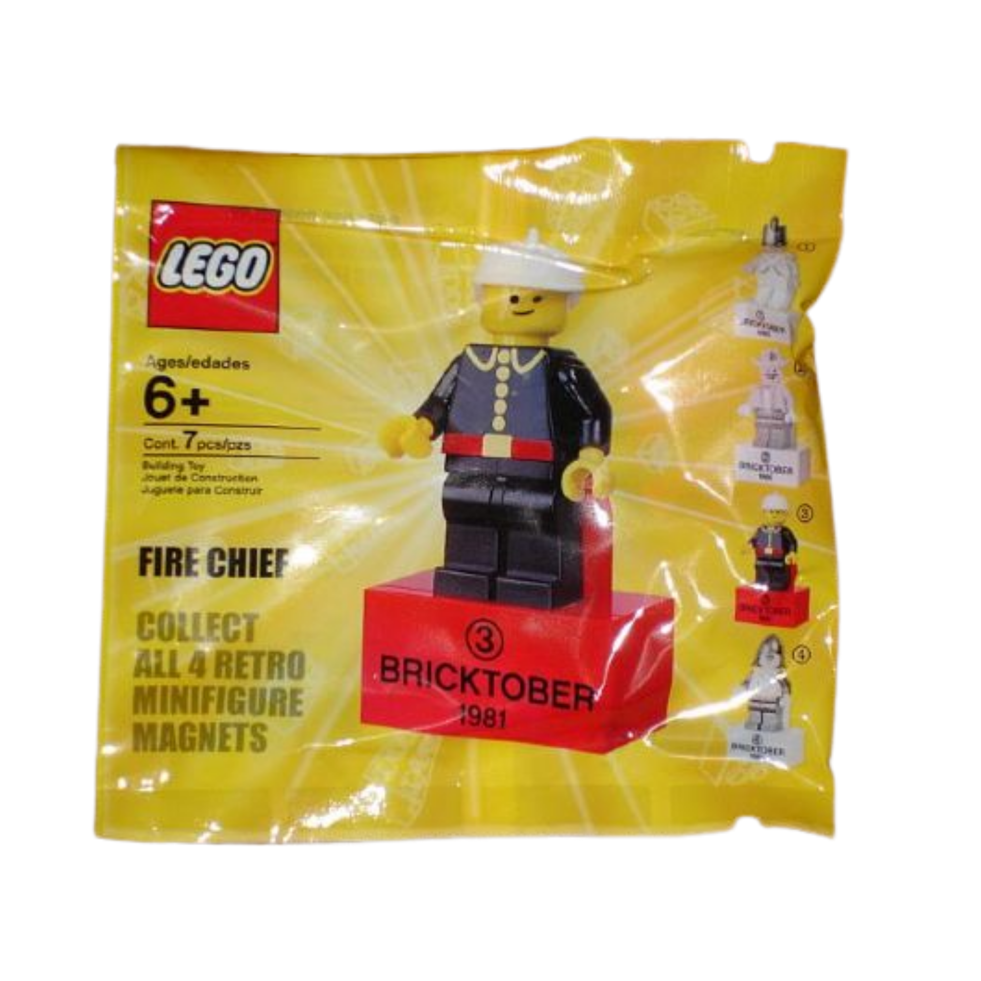 A yellow LEGO Bricktober 1981 Fire Chief minifigure mystery pack, containing 7 pieces, with the LEGO logo and product details printed on the front.