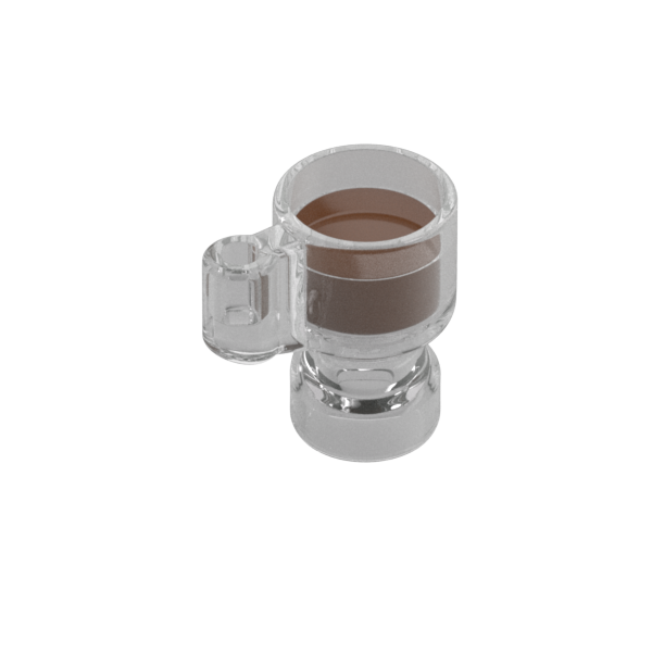 Clear plastic cup with brown liquid on a white background