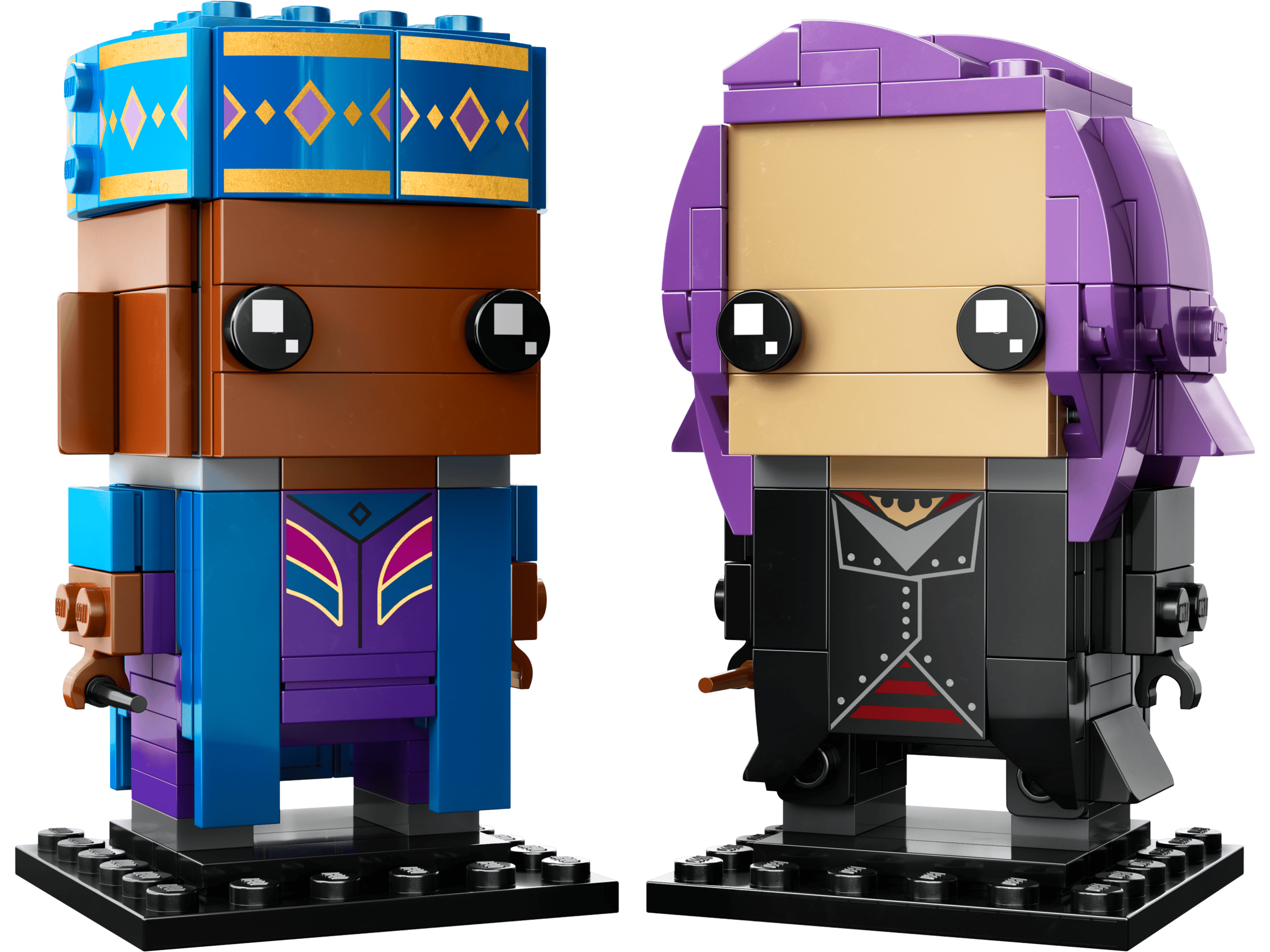 Two LEGO brickheadz figures on a transparent background