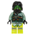 LEGO minifigure with green face, black hair, black bandana, and a green outfit with yellow accents on a white background