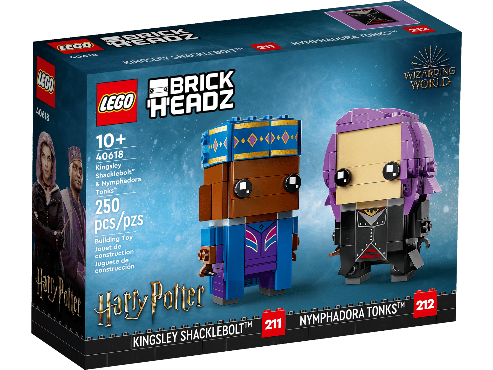 LEGO BrickHeadz packaging featuring Kingsley Shacklebolt and Nymphadora Tonks with a blue and black background.