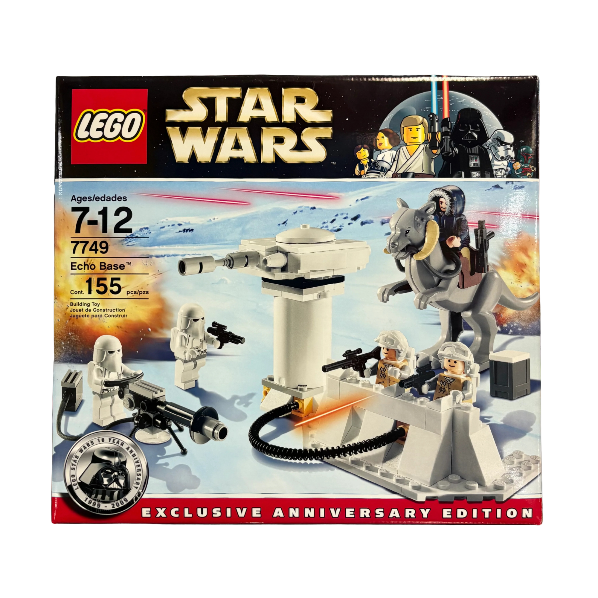 LEGO Star Wars Echo Base Exclusive Anniversary Edition toy box, set number 7749. The packaging features a snowy desert scene with white-armored minifigures, a gray warghorse, and a white tower, with LEGO and Star Wars branding at the top.