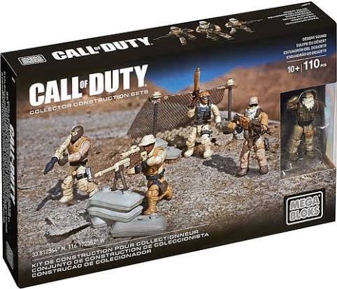 Mega Bloks Call of Duty Collector Construction Sets box, featuring military miniatures in desert camouflage on a rocky battlefield scene, with a window showing the assembled figure.