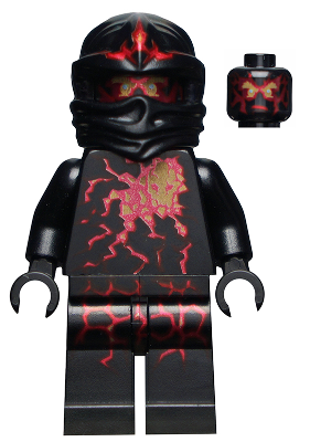 Black LEGO ninjago NRG Cole minifigure with red and gold design on a white background