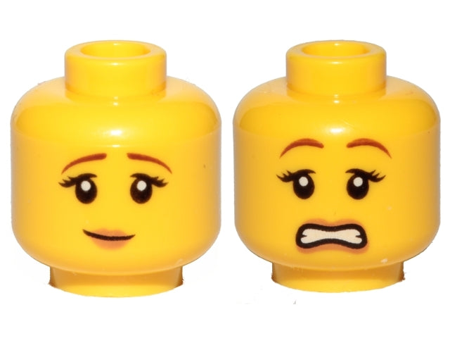 Female Brown Eyebrows, Peach Lips, Pensive Smile / Scared Pattern (Yellow) - Official LEGO® Minifigure Head