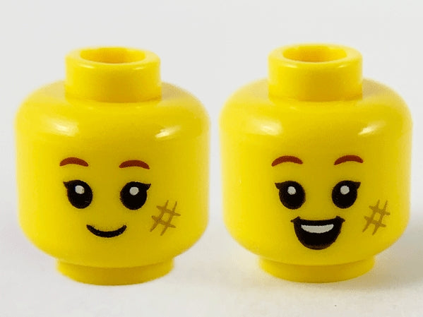 Dual Sided Child Reddish Brown Eyebrows, Smudge, Grin / Open Smile Pattern  (Yellow Flesh) - Official LEGO® Minifigure Head