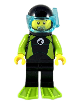 Diver (Male, Black Wetsuit with White Logo and Lime Trim and Flippers)- LEGO City Minifigure (2019)