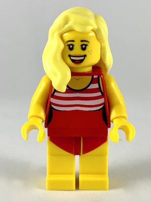 Swimmer (Female, Red Swimsuit with White Stripes, Bright Light Yellow Hair)- LEGO City Minifigure (2019)