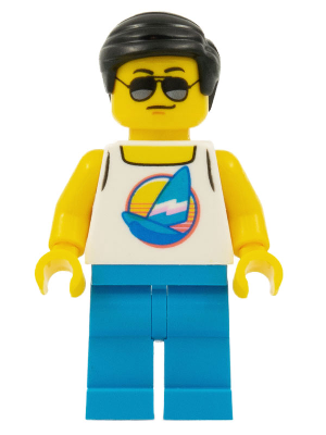 Beach Tourist (Male, White Tank Top with Dark Azure Sailboat, Dark Azure Legs, Black Hair)- LEGO City Minifigure (2019)