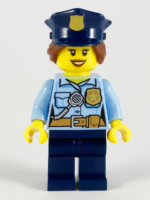 Police Officer (Female, Bright Light Blue Shirt with Badge and Radio, Dark Blue Legs, Dark Blue Police Hat) - LEGO City Minifigure (2020)