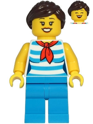 Diner Employee (Male, Female, White and Dark Azure Striped Shirt) - LEGO City Minifigure (2020)