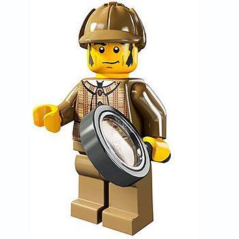 LEGO minifigure in detective costume holding a magnifying glass on a white background