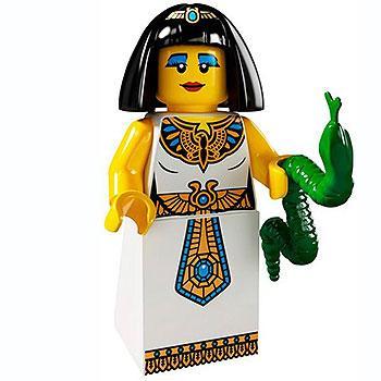 LEGO figure of an Egyptian princess with a white dress and black hair, holding a green snake.