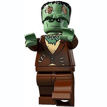 lego figure of a character with green skin, bandages, and a brown suit on a white background