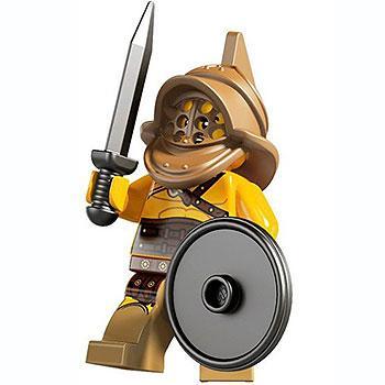 LEGO figure of a warrior with a sword and shield on a white background