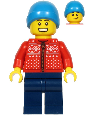 Male, Red Christmas Jacket, Blue Legs w/ Beanie - LEGO City Winter, Christmas Minifigure (2020)