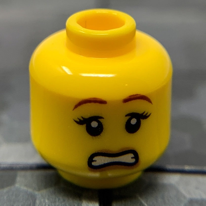 Female Brown Eyebrows, Peach Lips, Pensive Smile / Scared Pattern (Yellow) - Official LEGO® Minifigure Head