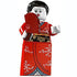 LEGO figure in a red kimono holding a fan on a white background