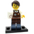 LEGO minifigure barista with a brown outfit and yellow hair on a white background