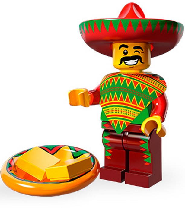 LEGO figure of a Mexican character with a sombrero and colorful outfit, holding a plate of food.