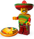 LEGO figure of a Mexican character with a sombrero and colorful outfit, holding a plate of food.