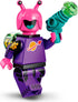Toy figure with pink helmet and purple body holding a green weapon on a white background