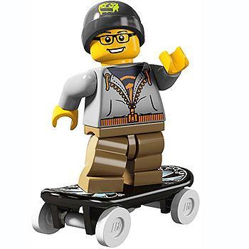 LEGO figure of a person with a helmet and glasses on a skateboard