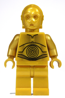 Gold LEGO figure with a black spiral design on a white background