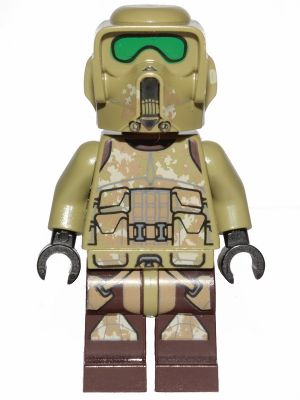 Toy figure in a desert camouflage outfit with green goggles on a white background